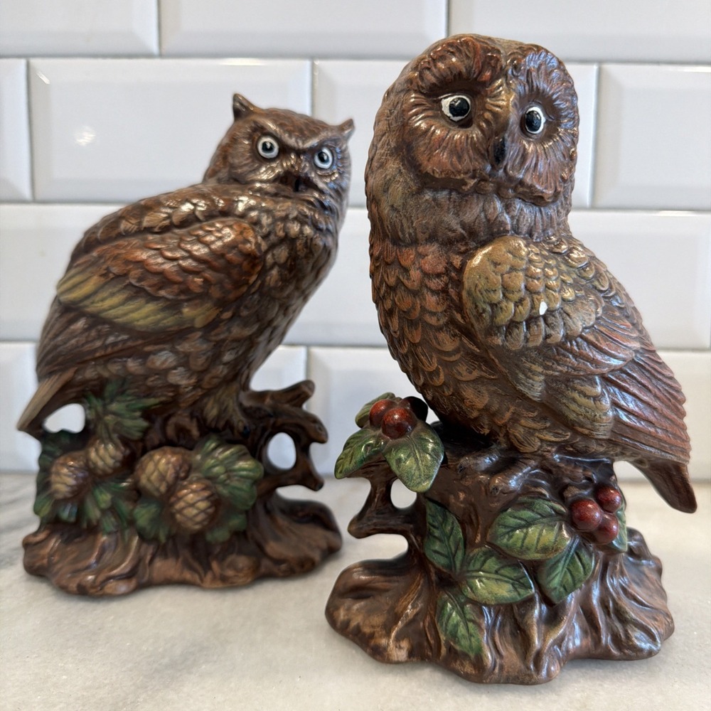 Vtg MCM Resin Owl Statues/Book Ends Set of 2 OLA0051